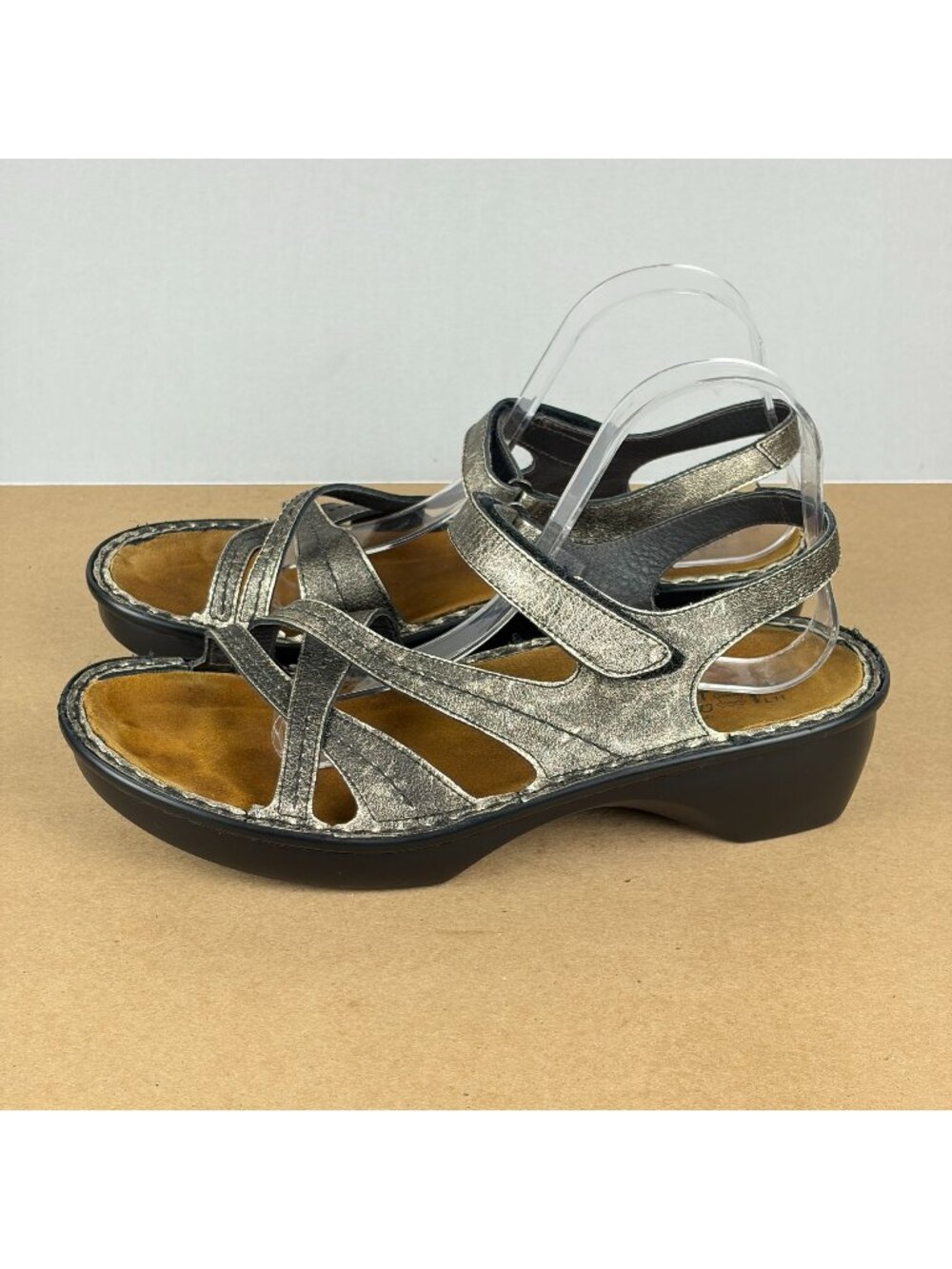 Naot Paris Leather Sandals Womens 11 Pewter Silver Hook and Loop Slingback